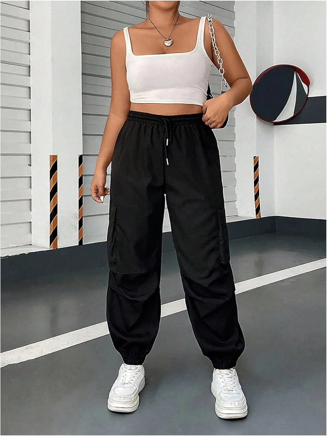 OYOANGLE Women's Plus Size Cargo Pants Drawstring High Waisted Joggers Flap Pocket Long Trousers Streetwear
