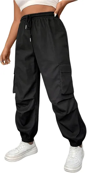OYOANGLE Women's Plus Size Cargo Pants Drawstring High Waisted Joggers Flap Pocket Long Trousers Streetwear