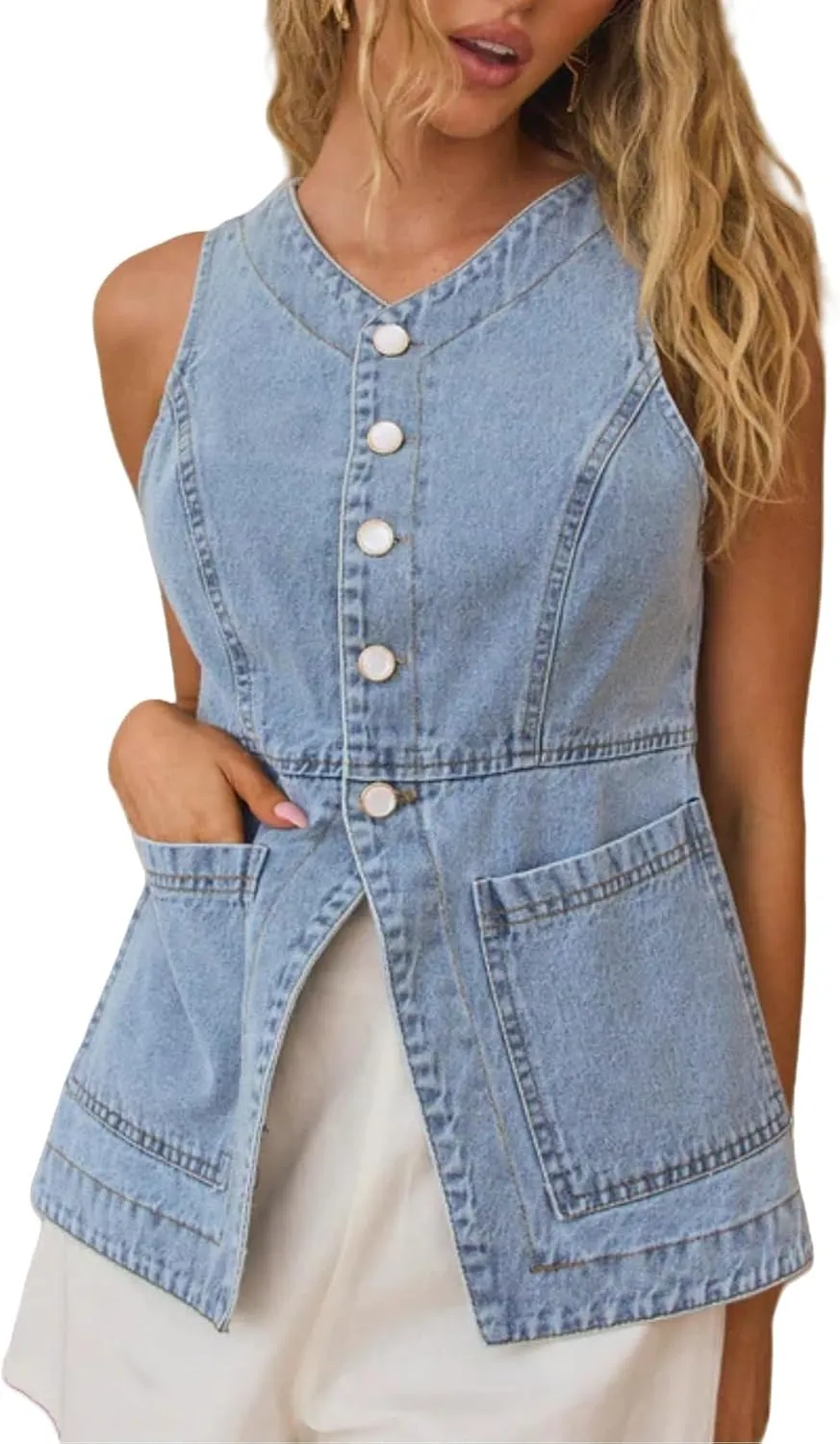 Perbai Womens Summer Denim Vest Crewneck Button Down Sleeveless Slim Jean Tank Top Waistcoat with Pockets