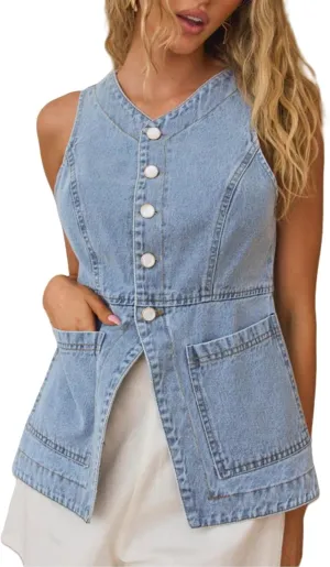 Perbai Womens Summer Denim Vest Crewneck Button Down Sleeveless Slim Jean Tank Top Waistcoat with Pockets