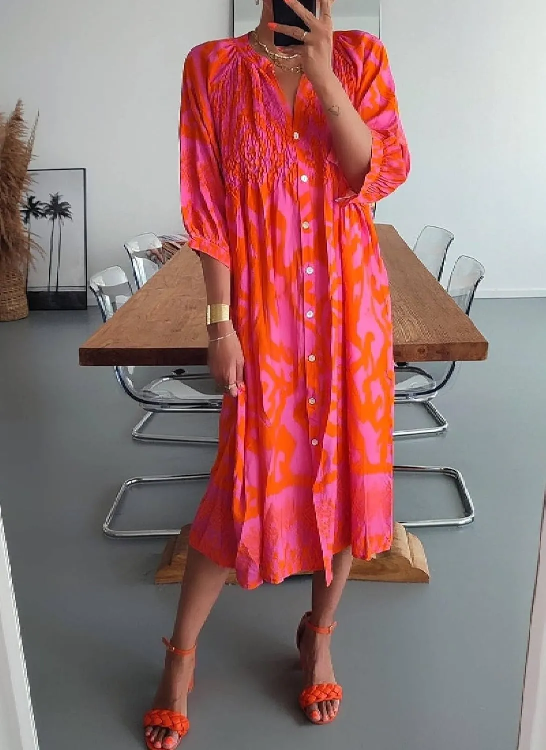 Pink Floral Print Dress for Women Casual 3/4 Sleeve Shift Midi Dress 2025 Summer Loose Shirt Dresses