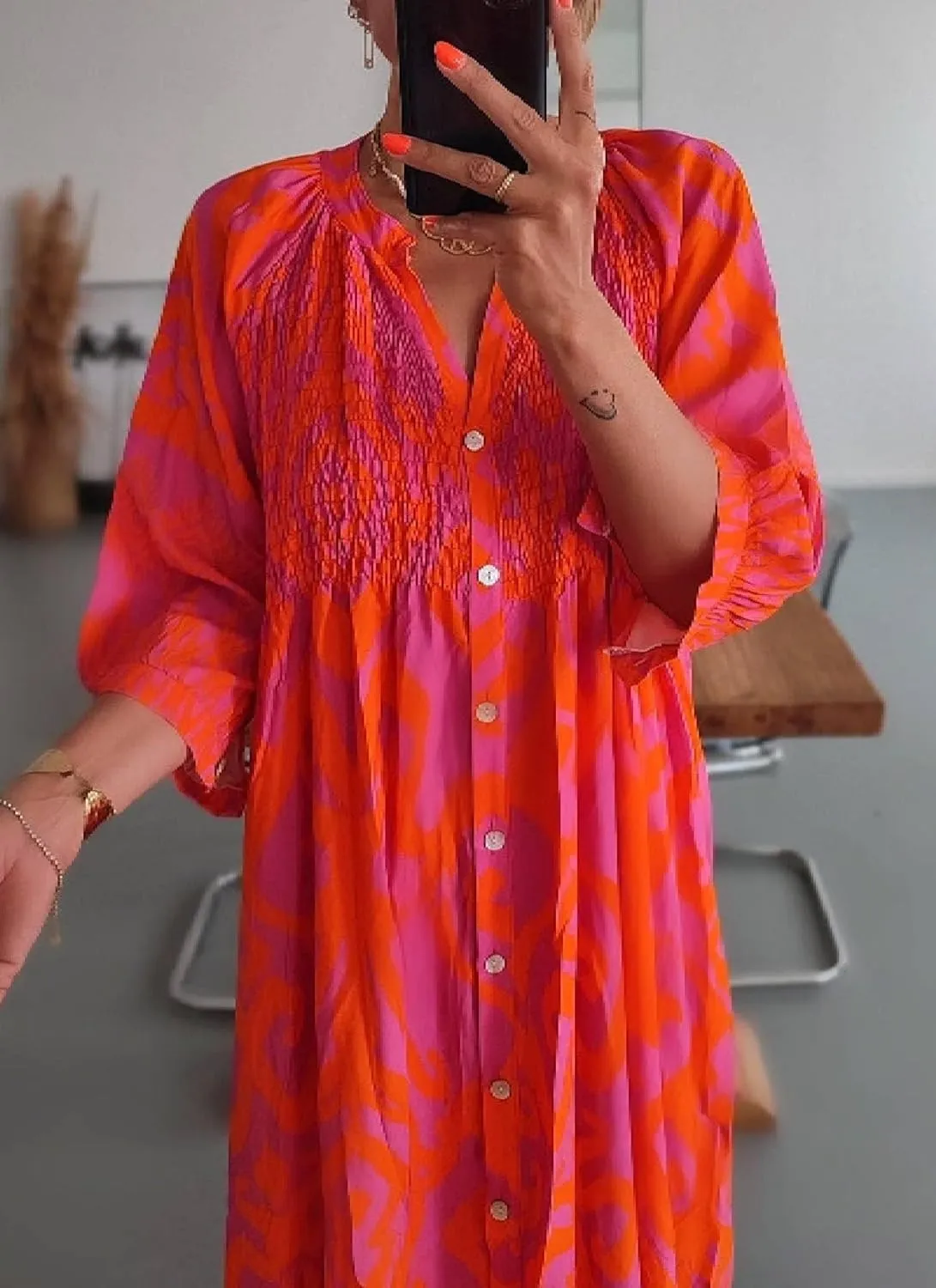 Pink Floral Print Dress for Women Casual 3/4 Sleeve Shift Midi Dress 2025 Summer Loose Shirt Dresses