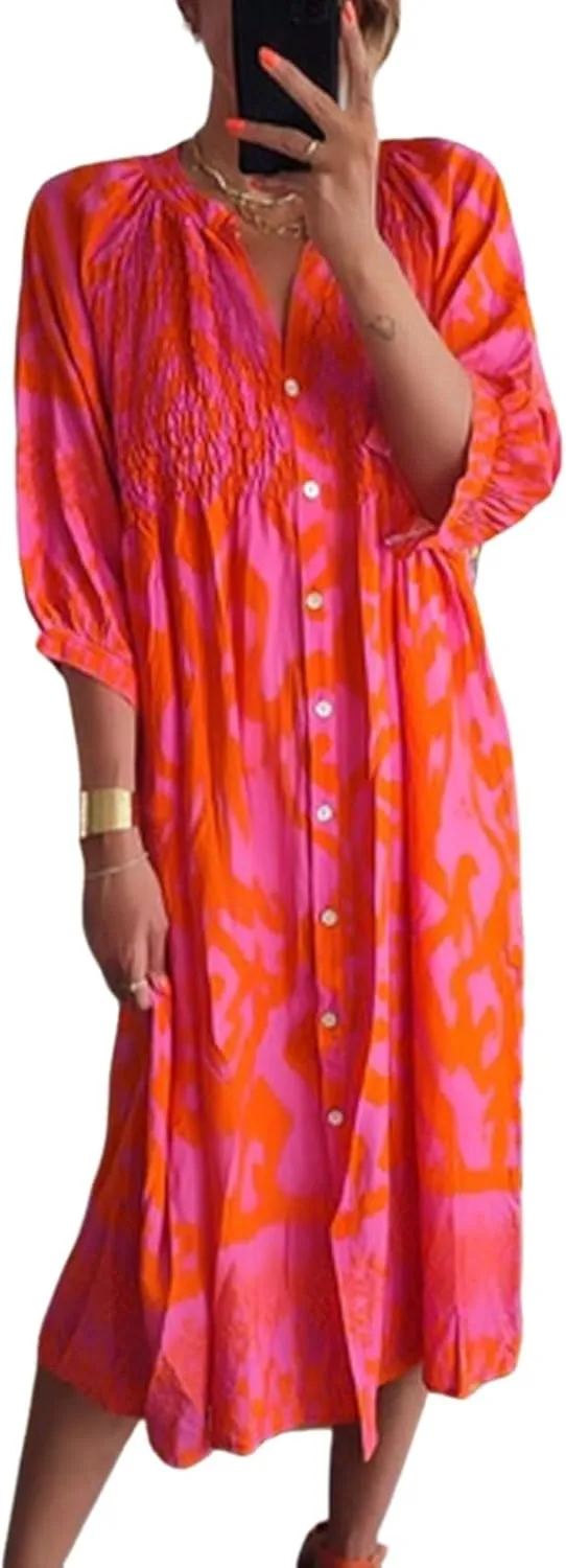 Pink Floral Print Dress for Women Casual 3/4 Sleeve Shift Midi Dress 2025 Summer Loose Shirt Dresses