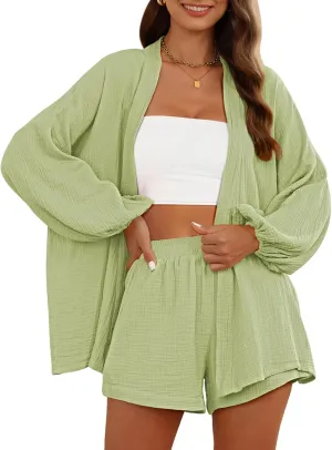 Pink Queen Women's 2 Piece Tracksuit Outfit Long Sleeve Belted Kimono Blouse High Waisted Shorts Lounge Sets