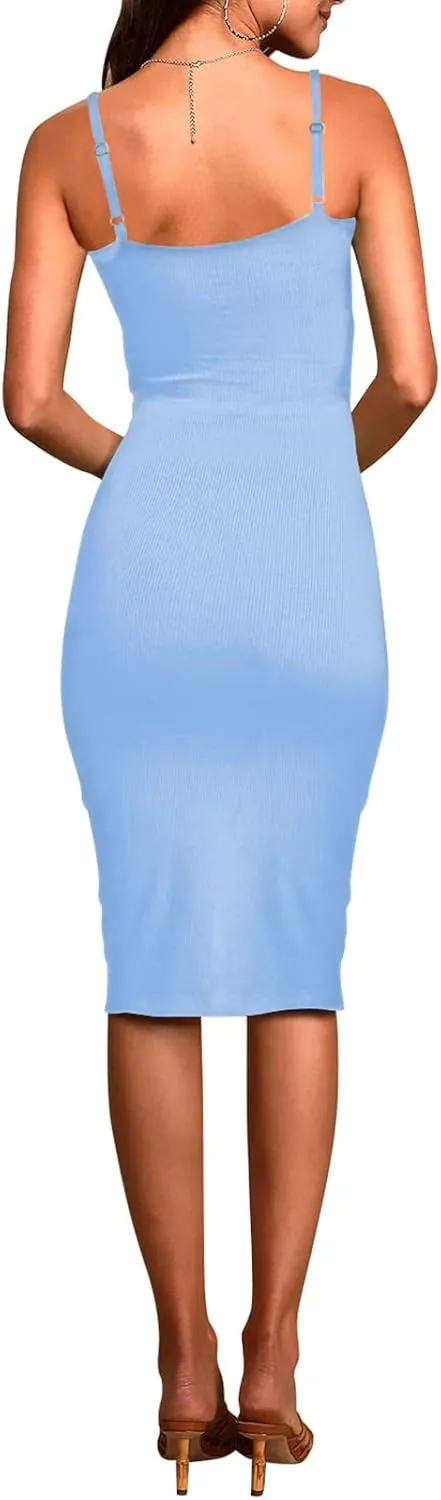 Pink Queen Women's Spaghetti Strap Cutout Side Slit Ribbed Knee Length Bodycon Midi Dress