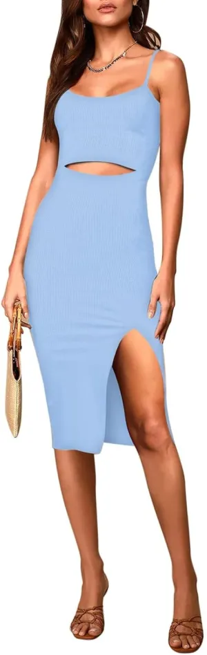 Pink Queen Women's Spaghetti Strap Cutout Side Slit Ribbed Knee Length Bodycon Midi Dress