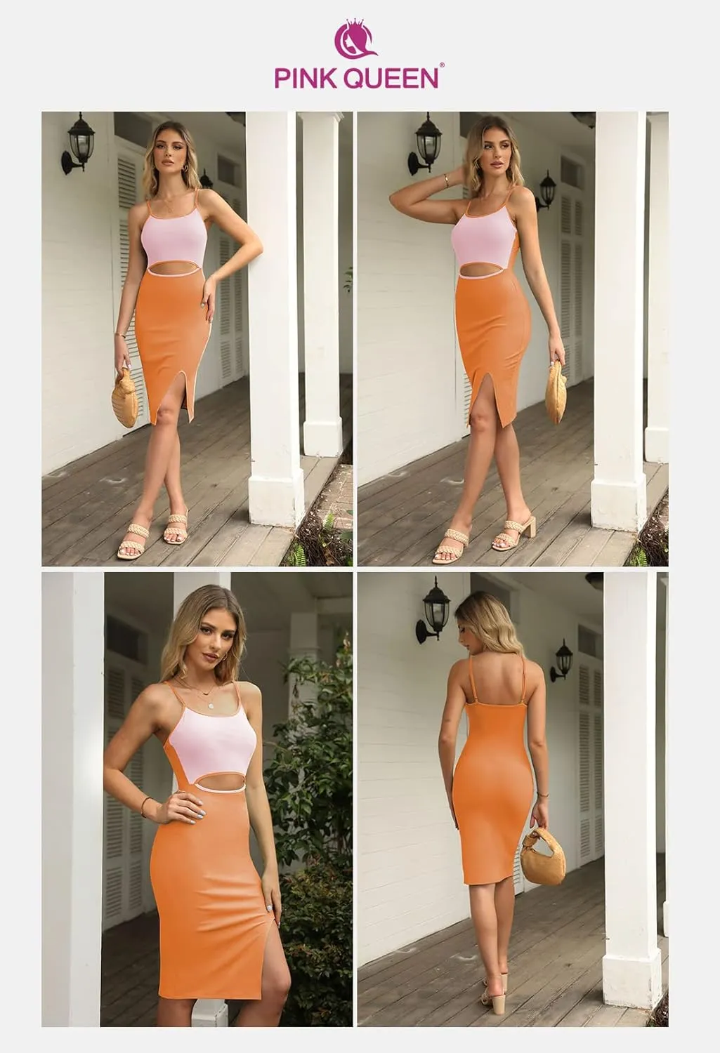 Pink Queen Women's Spaghetti Strap Cutout Side Slit Ribbed Knee Length Bodycon Midi Dress
