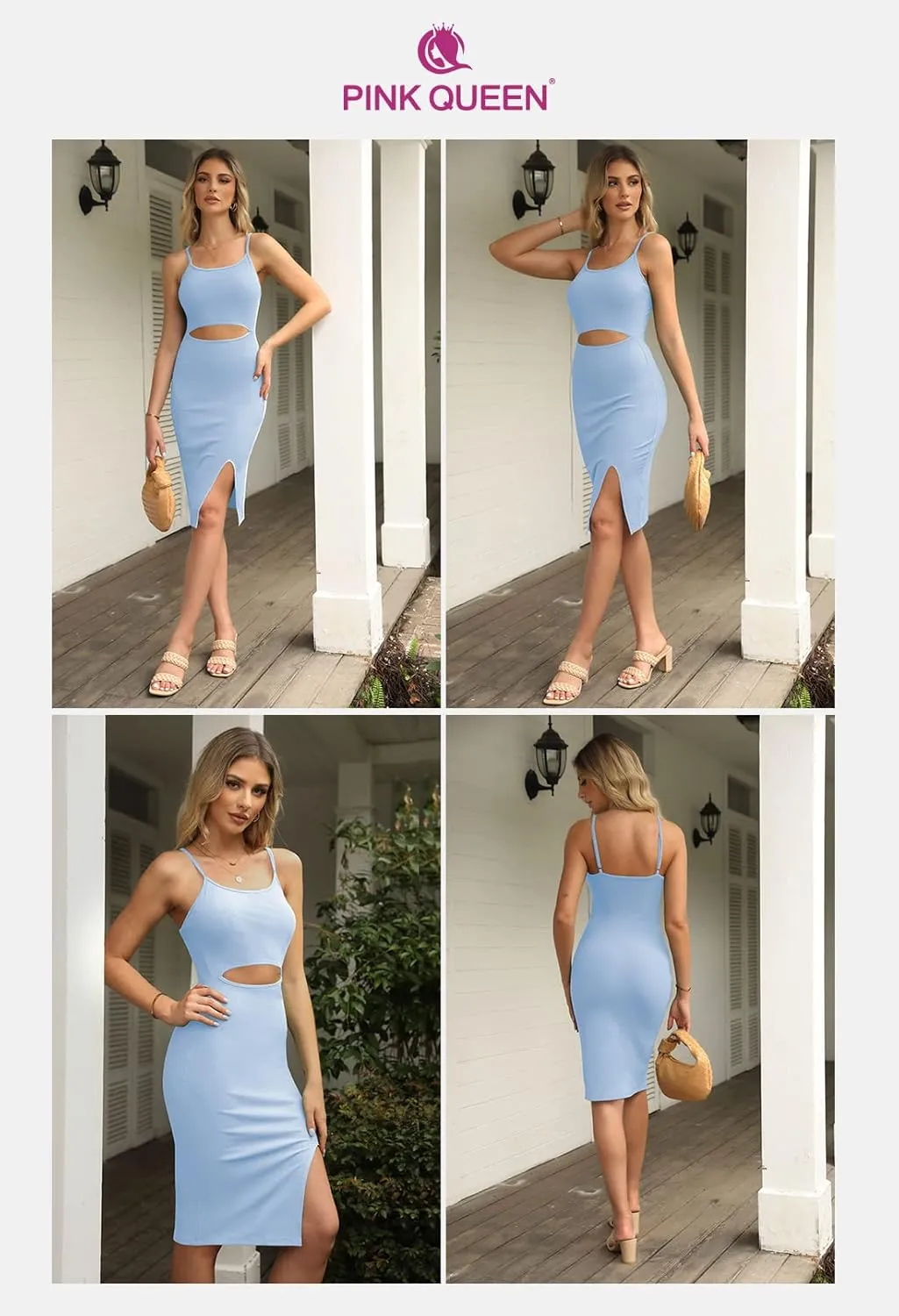 Pink Queen Women's Spaghetti Strap Cutout Side Slit Ribbed Knee Length Bodycon Midi Dress