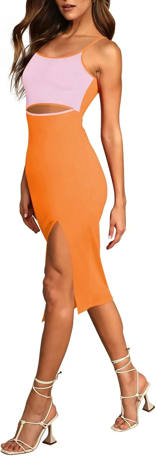 Pink Queen Women's Spaghetti Strap Cutout Side Slit Ribbed Knee Length Bodycon Midi Dress