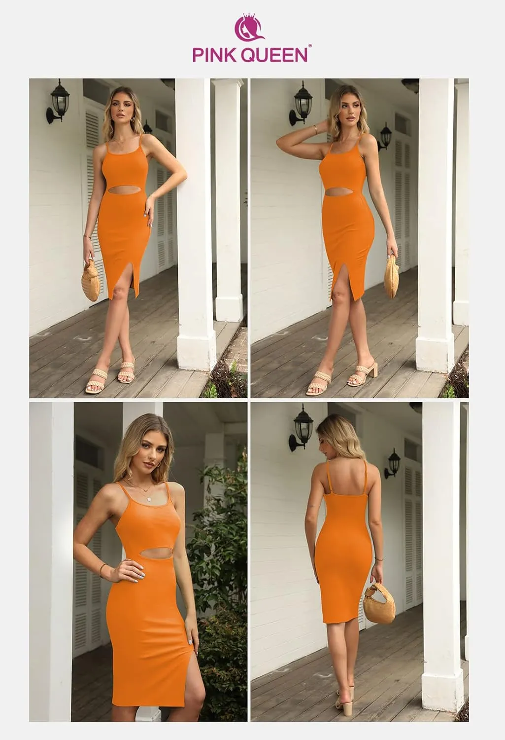 Pink Queen Women's Spaghetti Strap Cutout Side Slit Ribbed Knee Length Bodycon Midi Dress