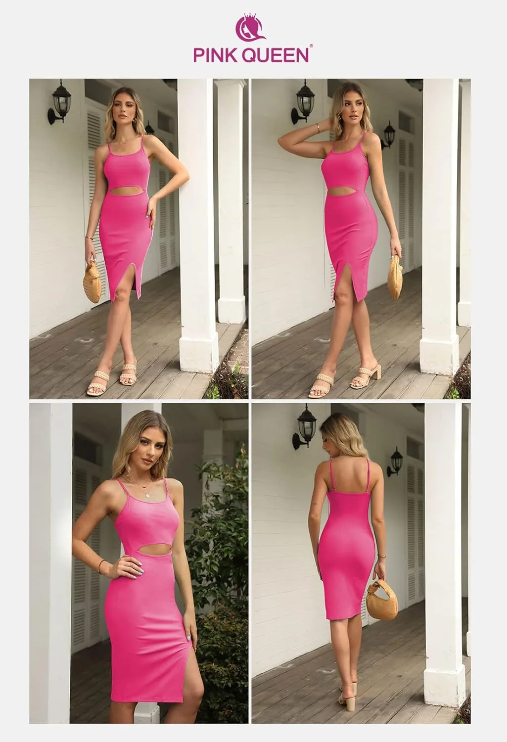 Pink Queen Women's Spaghetti Strap Cutout Side Slit Ribbed Knee Length Bodycon Midi Dress