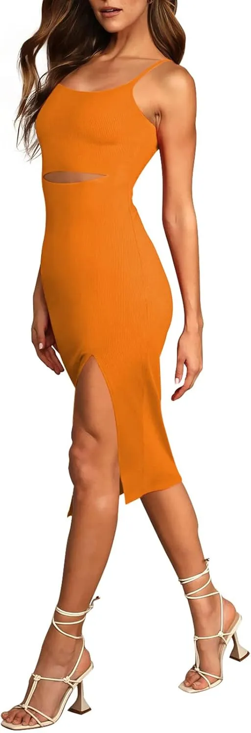Pink Queen Women's Spaghetti Strap Cutout Side Slit Ribbed Knee Length Bodycon Midi Dress