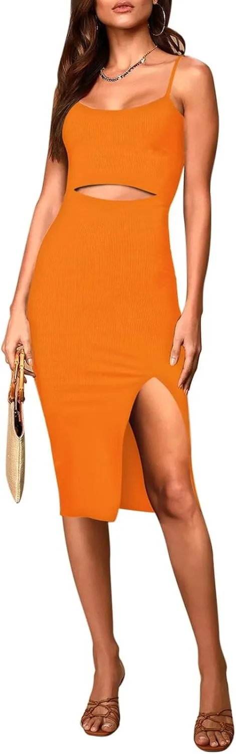 Pink Queen Women's Spaghetti Strap Cutout Side Slit Ribbed Knee Length Bodycon Midi Dress