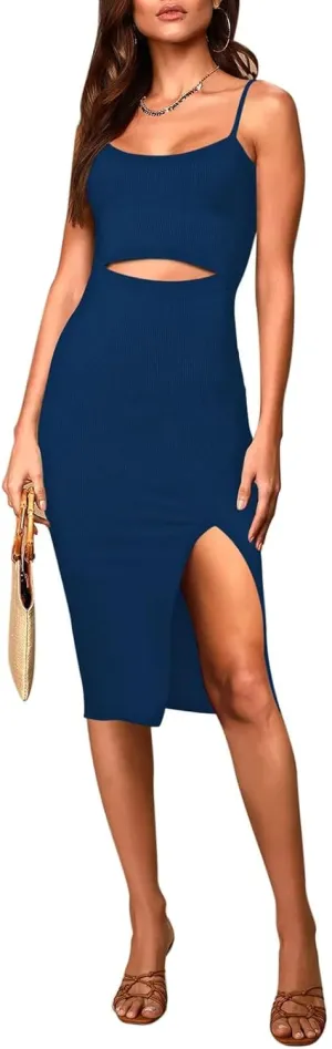 Pink Queen Women's Spaghetti Strap Cutout Side Slit Ribbed Knee Length Bodycon Midi Dress