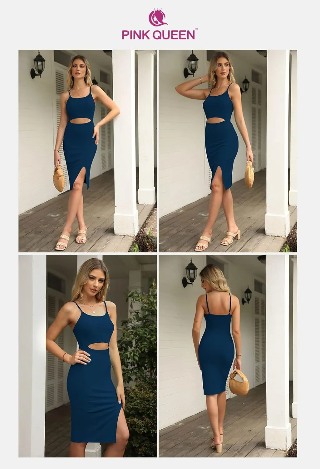 Pink Queen Women's Spaghetti Strap Cutout Side Slit Ribbed Knee Length Bodycon Midi Dress
