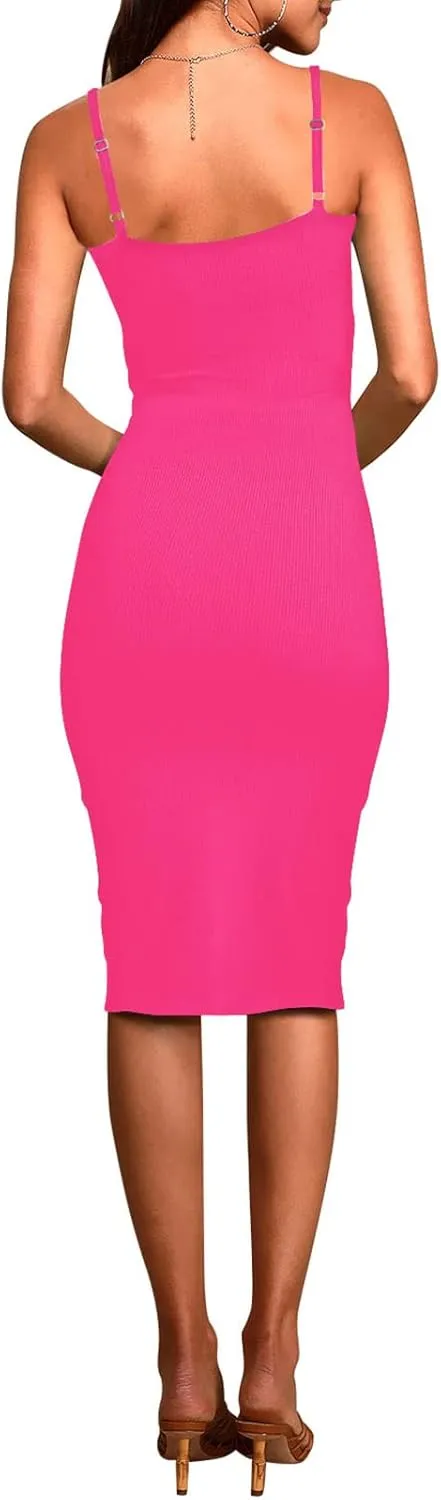 Pink Queen Women's Spaghetti Strap Cutout Side Slit Ribbed Knee Length Bodycon Midi Dress