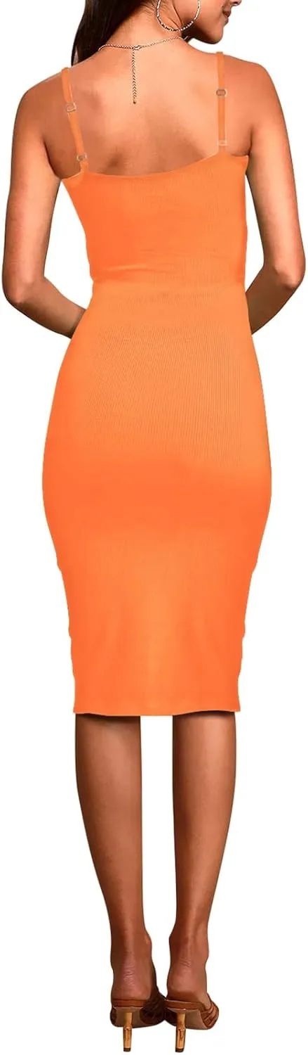 Pink Queen Women's Spaghetti Strap Cutout Side Slit Ribbed Knee Length Bodycon Midi Dress