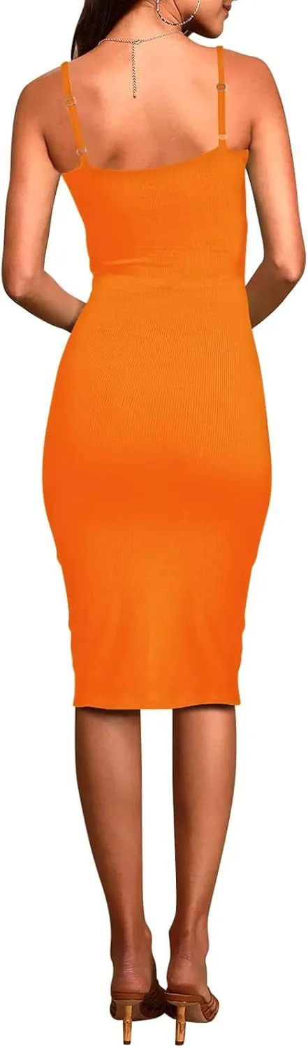 Pink Queen Women's Spaghetti Strap Cutout Side Slit Ribbed Knee Length Bodycon Midi Dress