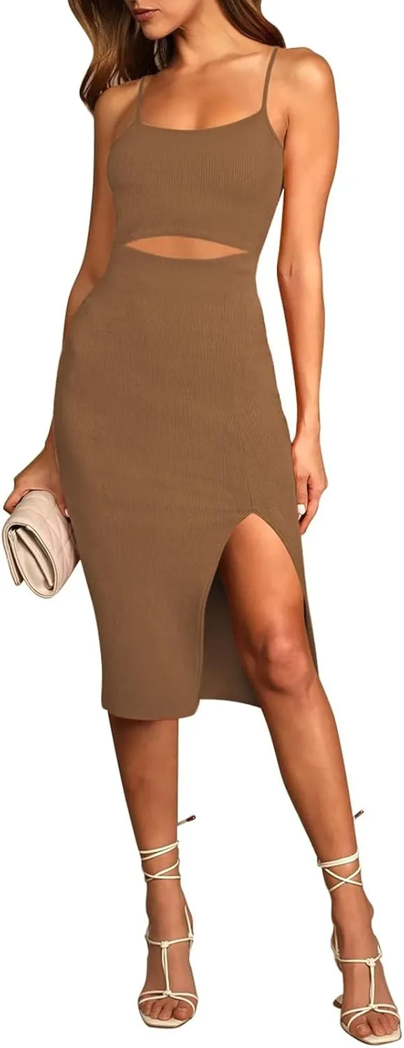 Pink Queen Women's Spaghetti Strap Cutout Side Slit Ribbed Knee Length Bodycon Midi Dress