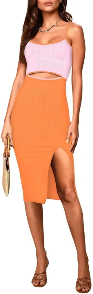 Pink Queen Women's Spaghetti Strap Cutout Side Slit Ribbed Knee Length Bodycon Midi Dress