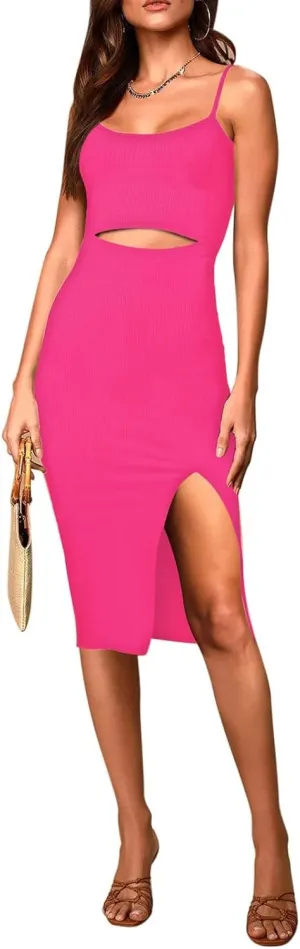 Pink Queen Women's Spaghetti Strap Cutout Side Slit Ribbed Knee Length Bodycon Midi Dress
