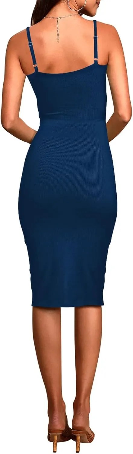 Pink Queen Women's Spaghetti Strap Cutout Side Slit Ribbed Knee Length Bodycon Midi Dress