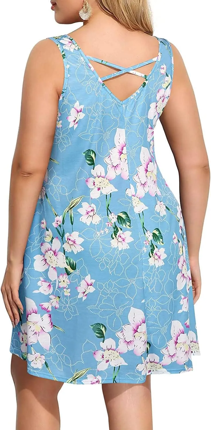 Pinup Fashion Plus Size Women Tank Dresses Sleeveless Criss Cross Back Cover Up T-Shirt Sun Dress with Pockets