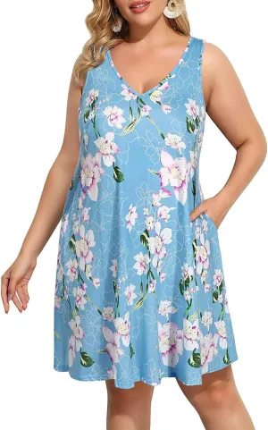 Pinup Fashion Plus Size Women Tank Dresses Sleeveless Criss Cross Back Cover Up T-Shirt Sun Dress with Pockets