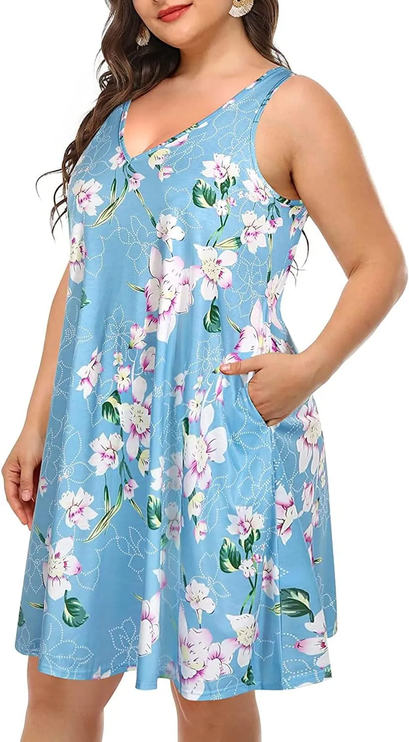 Pinup Fashion Plus Size Women Tank Dresses Sleeveless Criss Cross Back Cover Up T-Shirt Sun Dress with Pockets