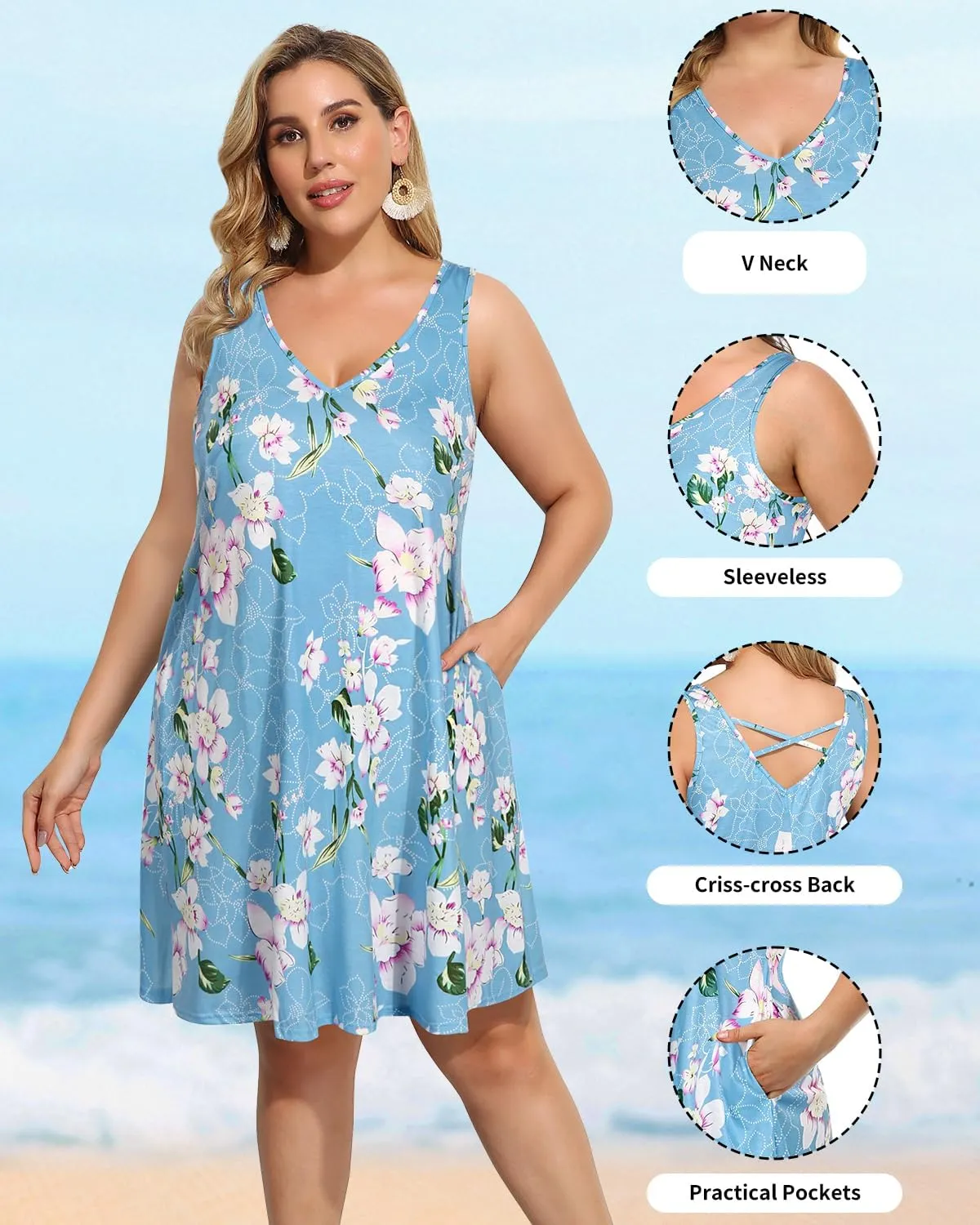 Pinup Fashion Plus Size Women Tank Dresses Sleeveless Criss Cross Back Cover Up T-Shirt Sun Dress with Pockets