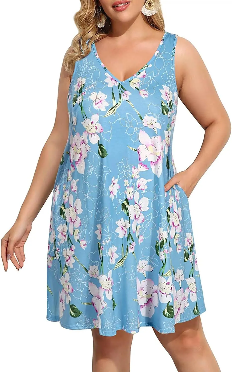 Pinup Fashion Plus Size Women Tank Dresses Sleeveless Criss Cross Back Cover Up T-Shirt Sun Dress with Pockets