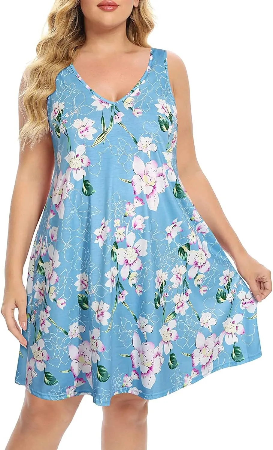 Pinup Fashion Plus Size Women Tank Dresses Sleeveless Criss Cross Back Cover Up T-Shirt Sun Dress with Pockets