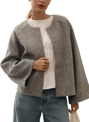 Qiaomai Womens Cropped Pea Coat Long Sleeve Open Front Winter Wool Blend Jackets Overcoat