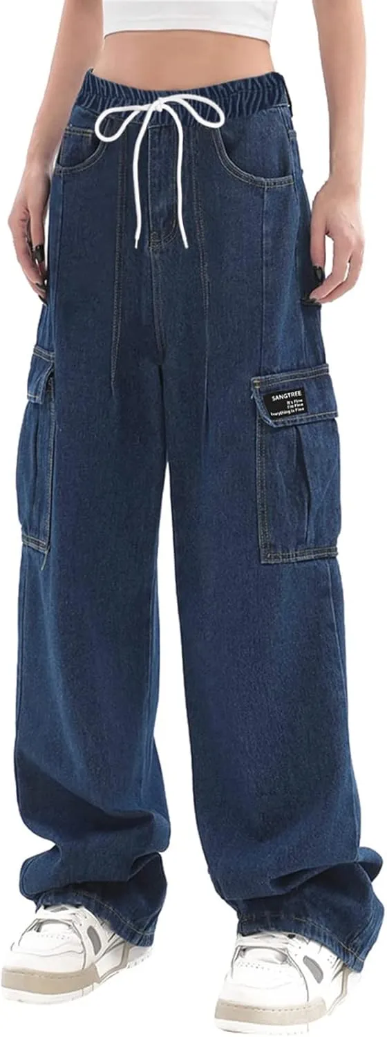 SANGTREE Girl's Womens Cargo Pants High Waisted Adjustable Wide Leg Pants
