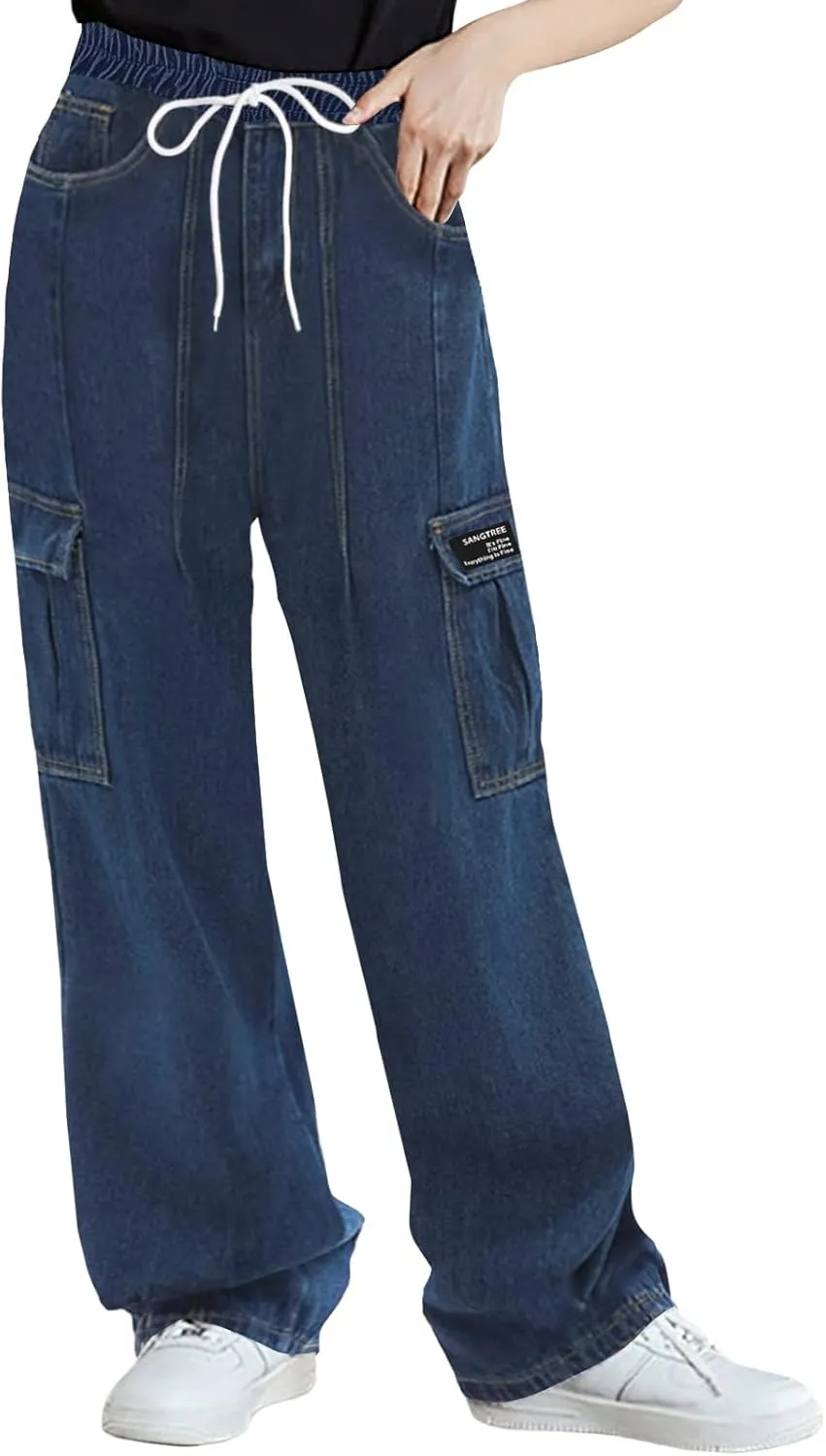 SANGTREE Girl's Womens Cargo Pants High Waisted Adjustable Wide Leg Pants