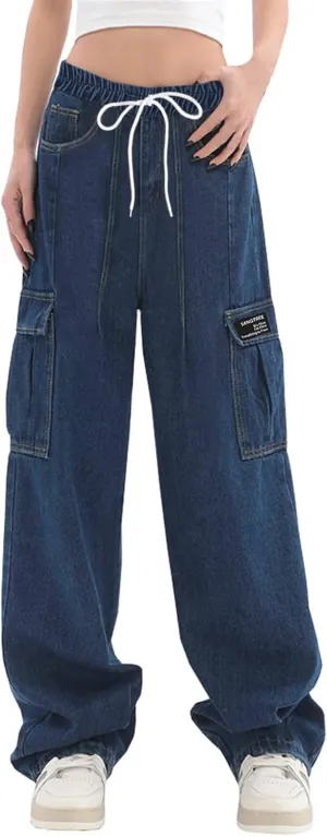 SANGTREE Girl's Womens Cargo Pants High Waisted Adjustable Wide Leg Pants