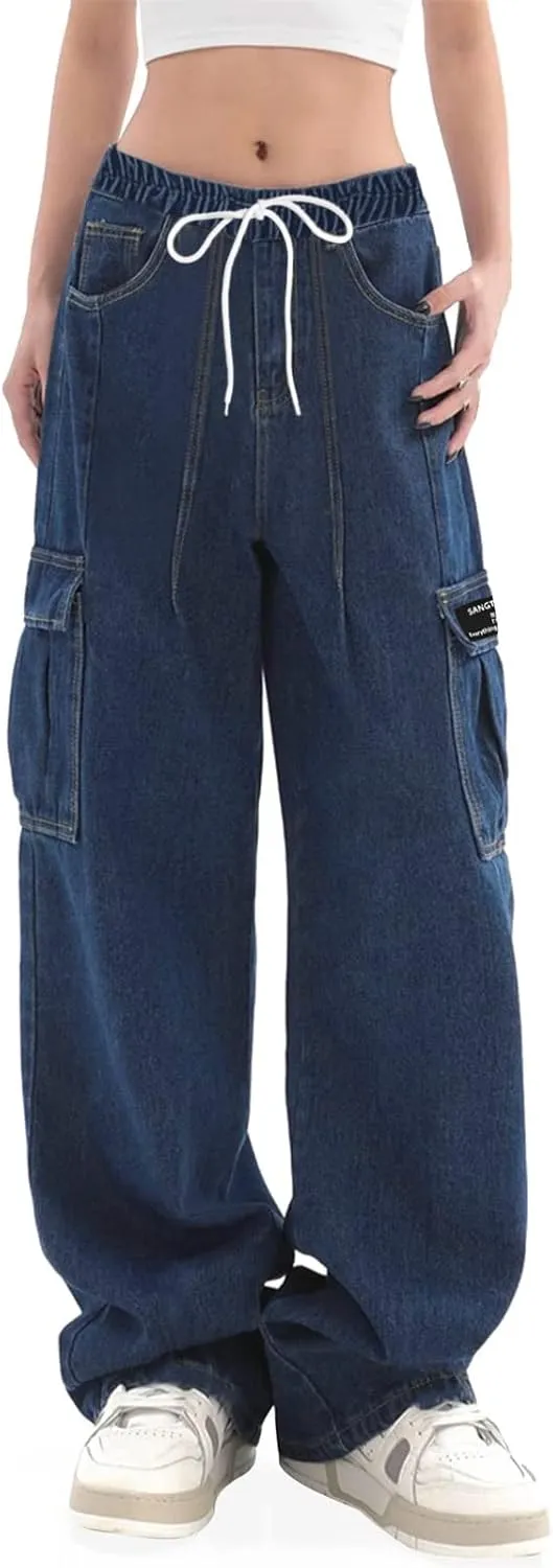 SANGTREE Girl's Womens Cargo Pants High Waisted Adjustable Wide Leg Pants
