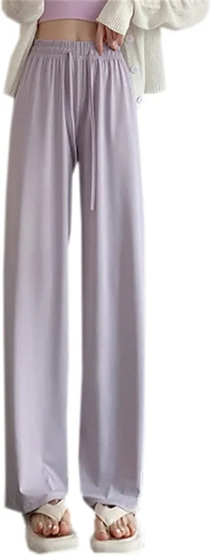 SANGTREE Women's Ice Silk Elastic Drawstring Waist Wide Leg Pants