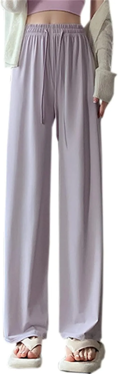 SANGTREE Women's Ice Silk Elastic Drawstring Waist Wide Leg Pants