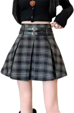 SANGTREE Women's Plaid Mini Skirt Double Belt Uniform Pleated Skirts