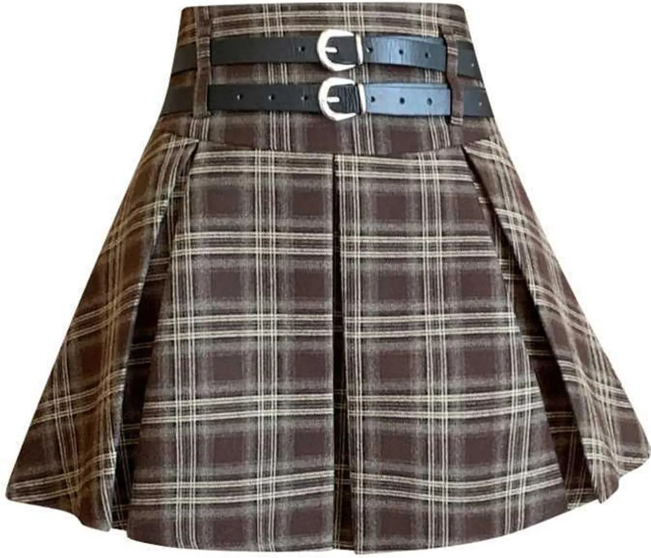 SANGTREE Women's Plaid Mini Skirt Double Belt Uniform Pleated Skirts