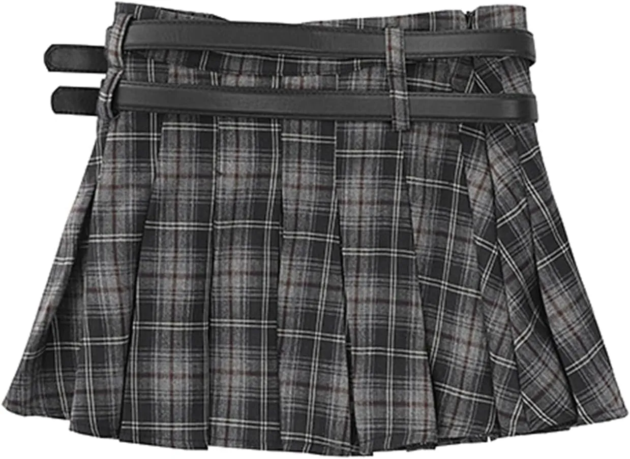 SANGTREE Women's Plaid Mini Skirt Double Belt Uniform Pleated Skirts