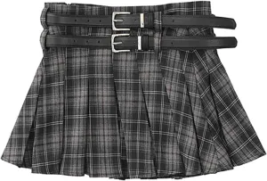 SANGTREE Women's Plaid Mini Skirt Double Belt Uniform Pleated Skirts