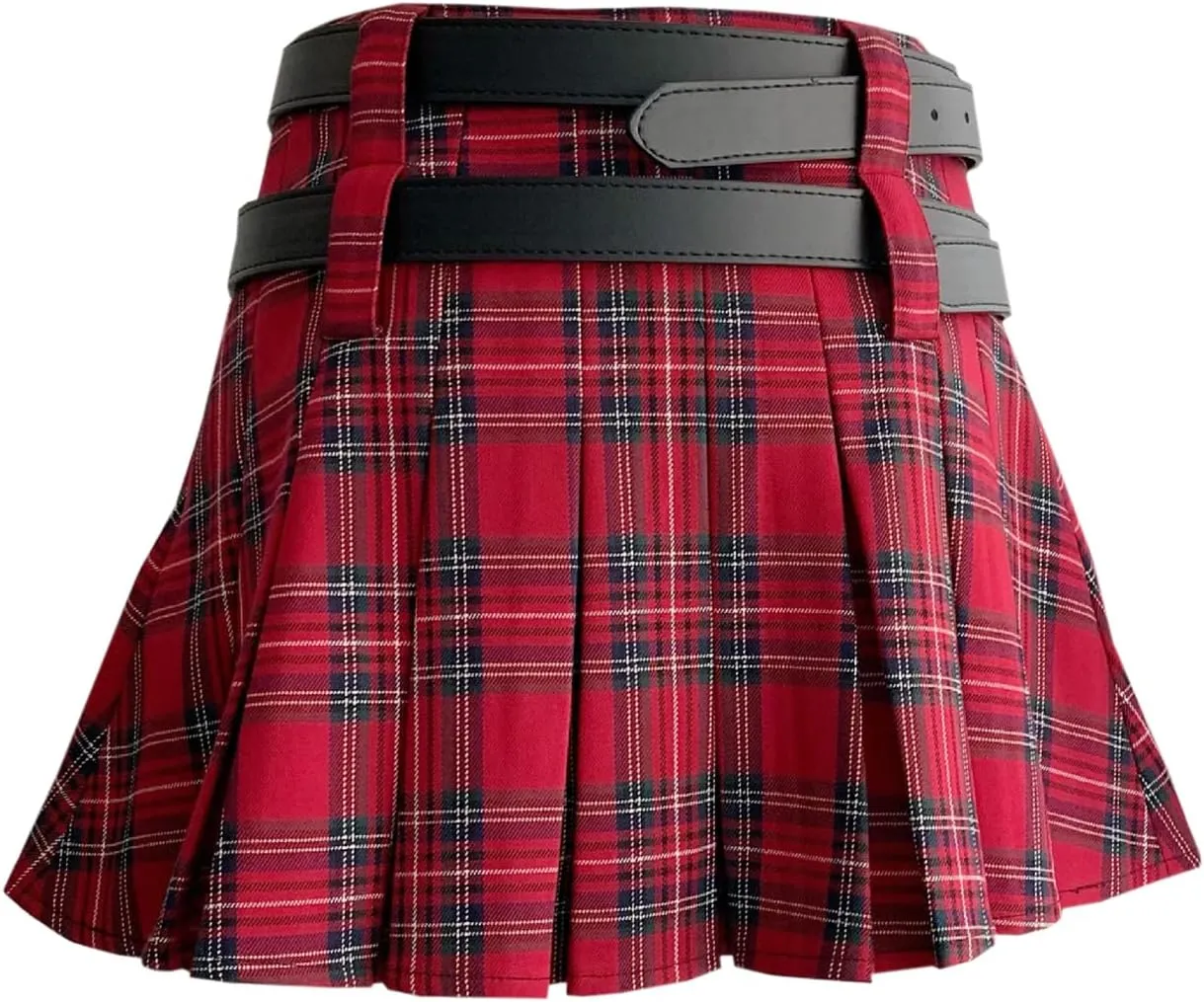 SANGTREE Women's Plaid Mini Skirt Double Belt Uniform Pleated Skirts