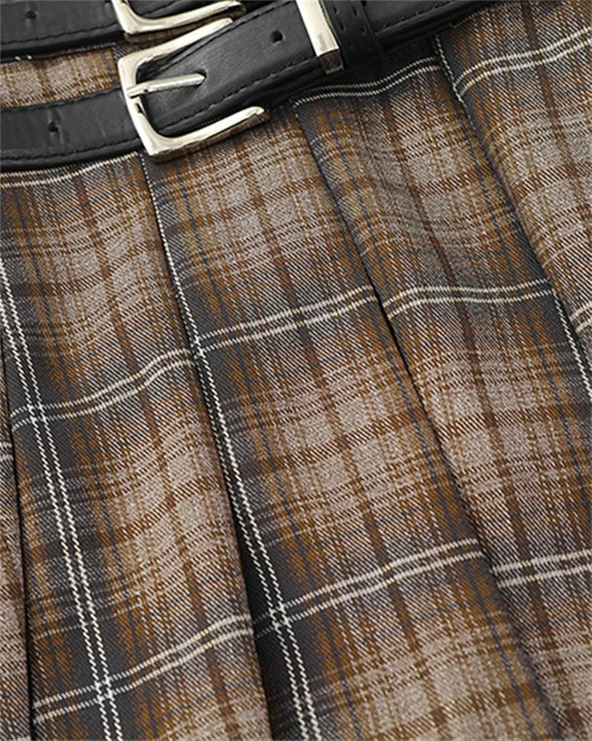 SANGTREE Women's Plaid Mini Skirt Double Belt Uniform Pleated Skirts