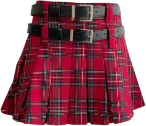 SANGTREE Women's Plaid Mini Skirt Double Belt Uniform Pleated Skirts