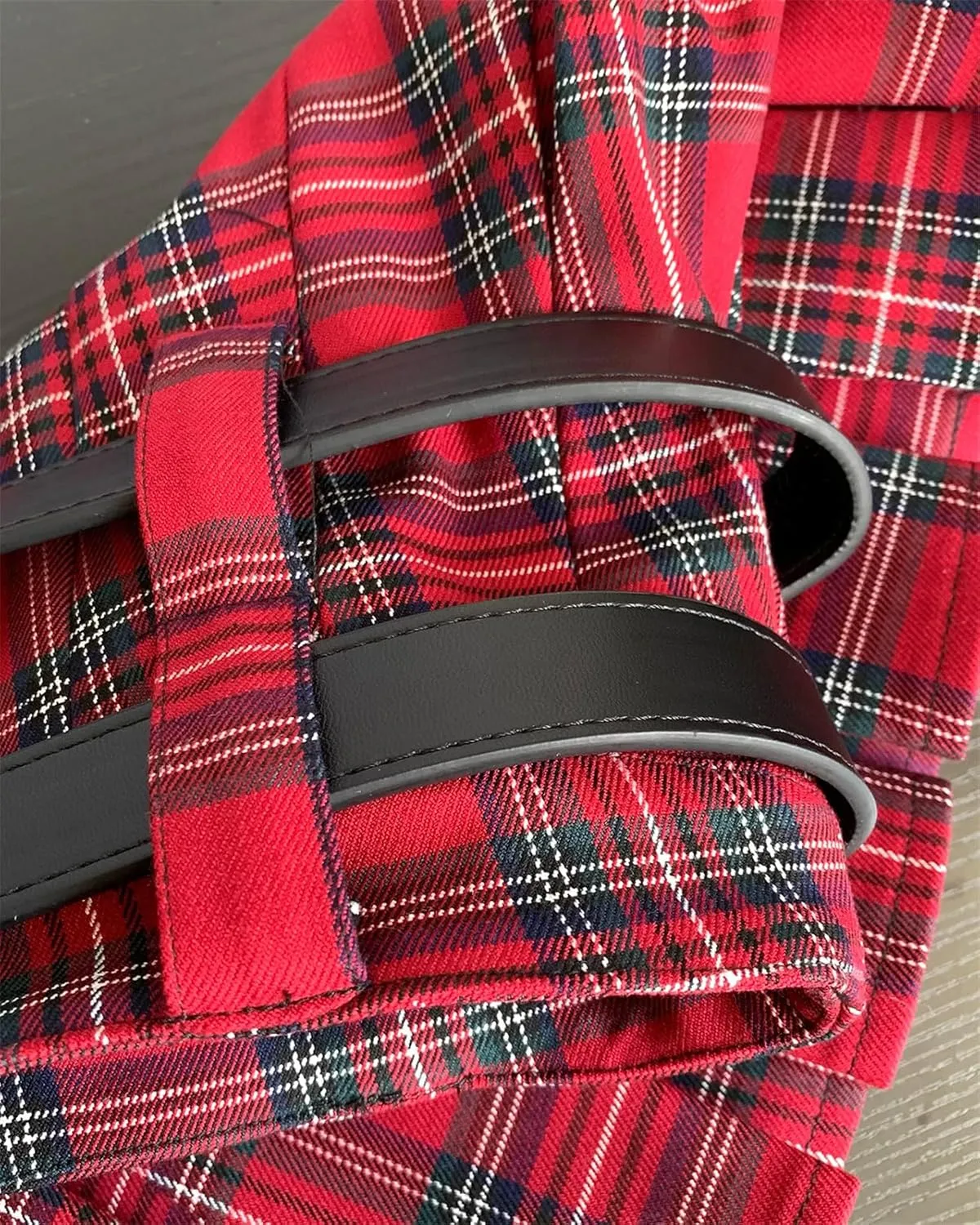SANGTREE Women's Plaid Mini Skirt Double Belt Uniform Pleated Skirts