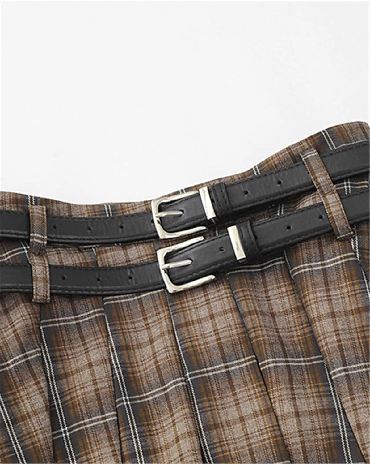 SANGTREE Women's Plaid Mini Skirt Double Belt Uniform Pleated Skirts