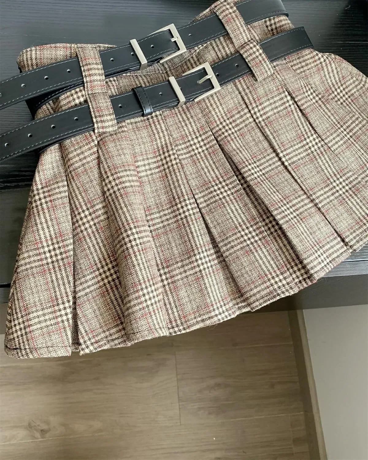 SANGTREE Women's Plaid Mini Skirt Double Belt Uniform Pleated Skirts
