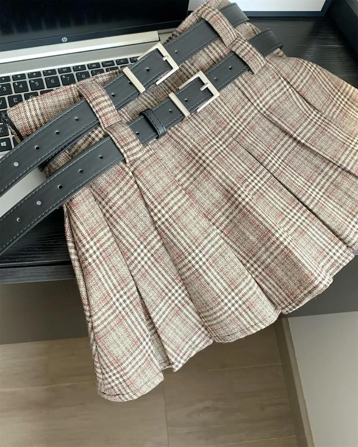SANGTREE Women's Plaid Mini Skirt Double Belt Uniform Pleated Skirts